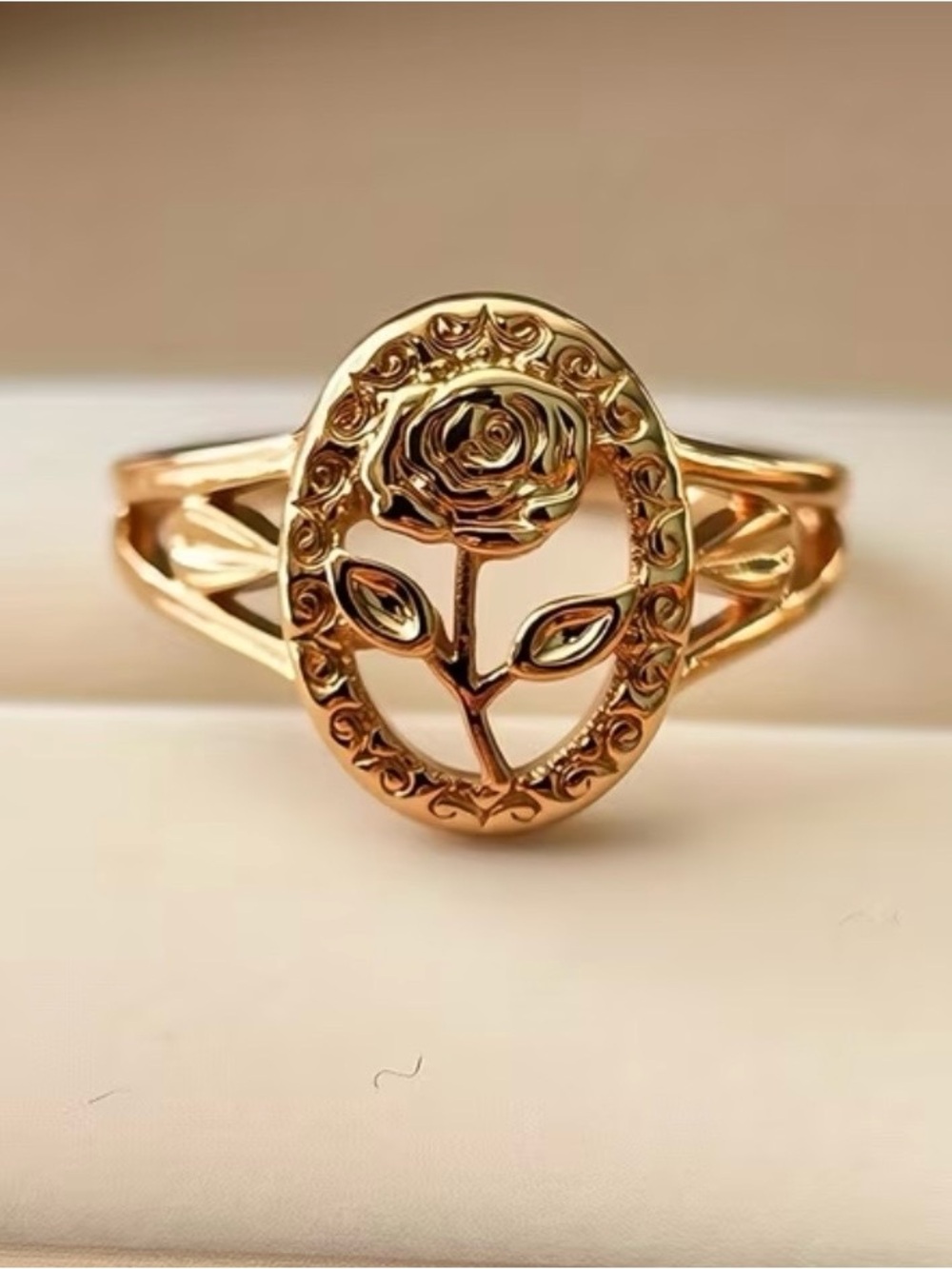 Gold Rose Oval Filigree Ring - Elegant Floral Women’s Ring Size 7